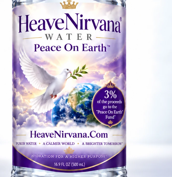 Detail of HeaveNirvana Water packaging concept showing a white dove with olive branch over Earth